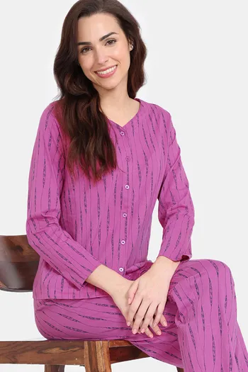 Buy Zivame Peeking Barks Knit Cotton Pyjama Set - Rose Violet
